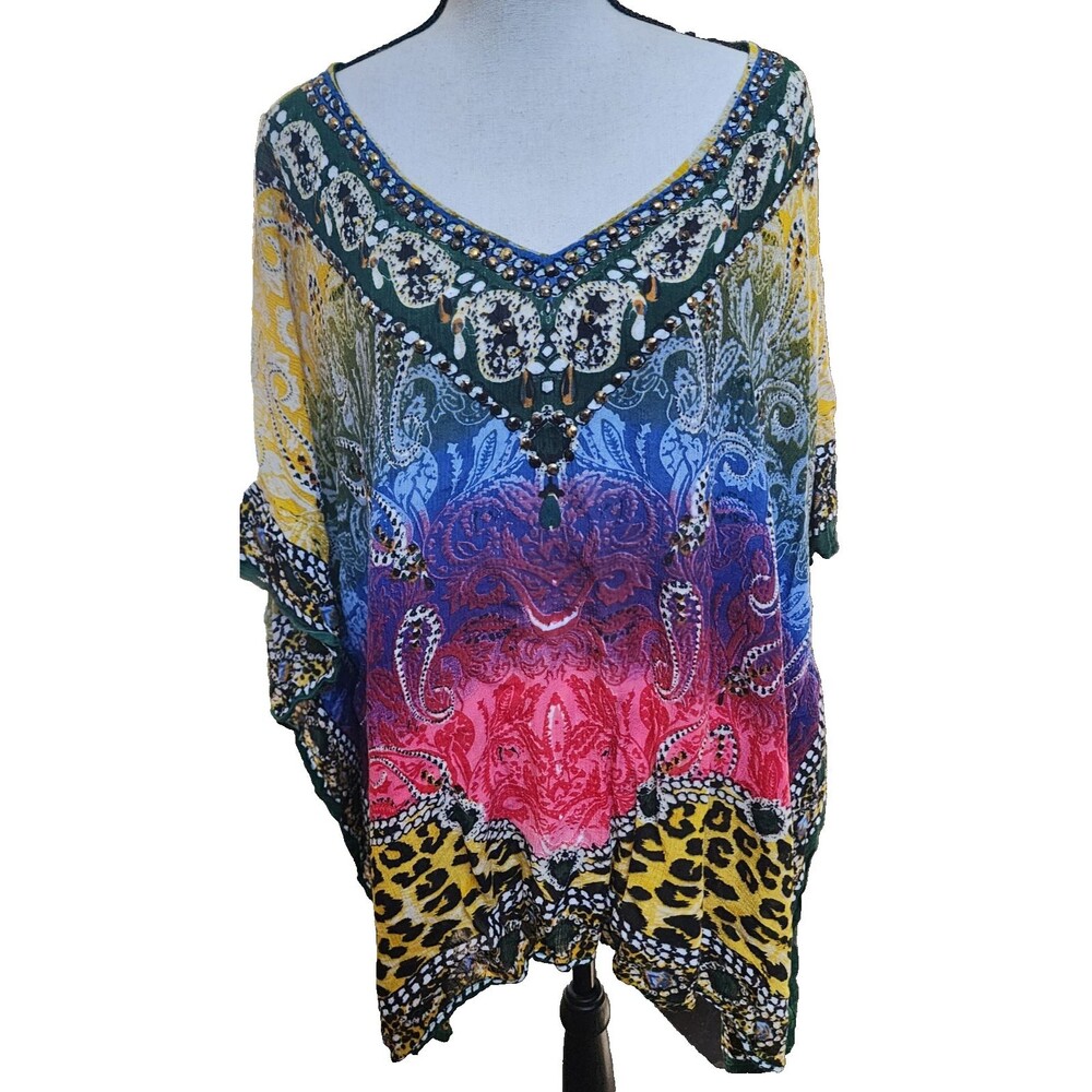 Aqua Blue Hippie Boho Caftan Top Plus Size 1X Embellished Rayon Festival